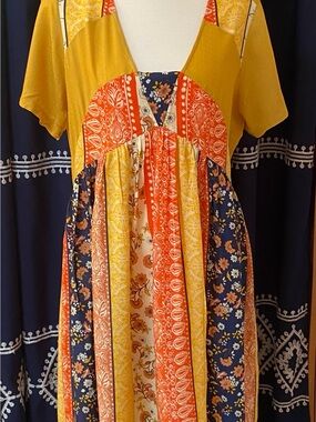 The Pyramid Collection Boho Patchwork Maxi Dress in Mustard, Orange, Navy